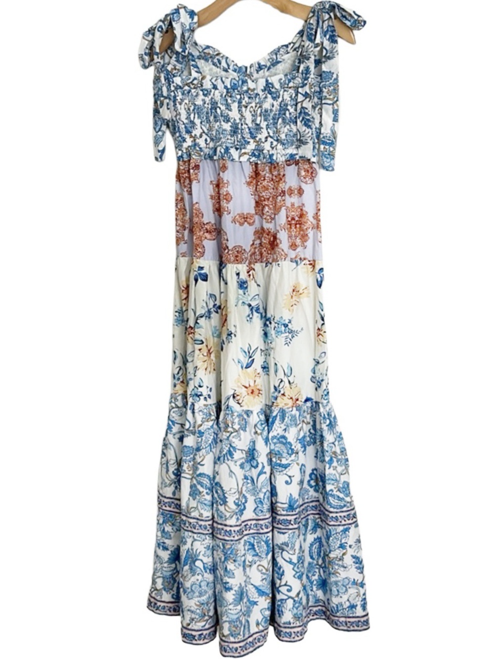 NEW-Tulip Creations Tiered Boho Blue/White/Lavender Floral Smocked Maxi Dress S